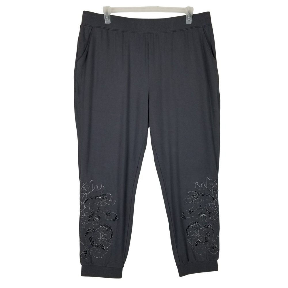 Express Joggers Women XL Charcoal Grey Floral Eyelet Embroidered Loungewear